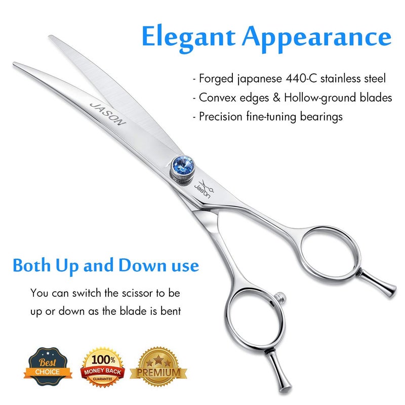 JASON 7" Curved Dog Grooming Scissors, Ergonomic Pets Cats Trimming Shears with Offset Handle and a Jewelled Screw for Right Handed Groomers, Sharp, Comfortable Christmas Gift - Image 4